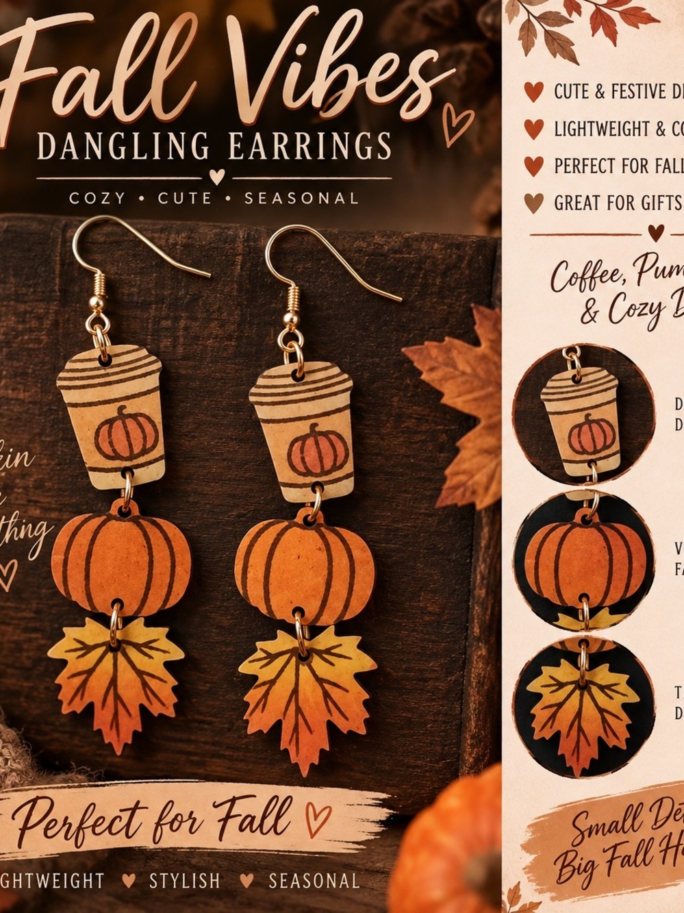 Fall Vibes Pumpkin Coffee & Leaf Dangling Earrings!!